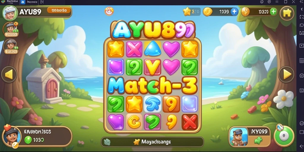 Gameplay AYU89 dengan objek warna-warni dalam misi mencocokkan.