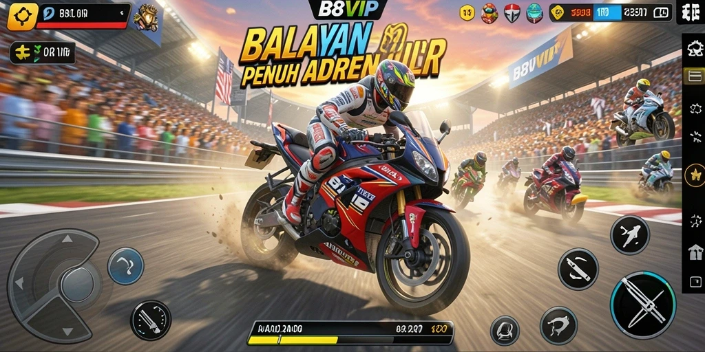 Gameplay seru B8VIP menampilkan balapan motor yang mendebarkan.