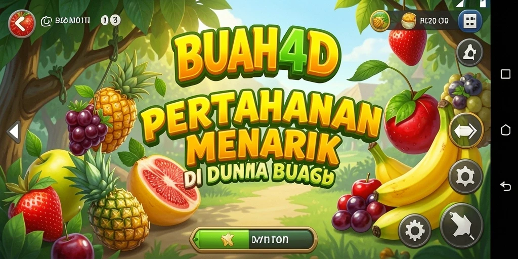 Screenshot utama BUAH4D menunjukkan aksi pertahanan buah yang dinamis.