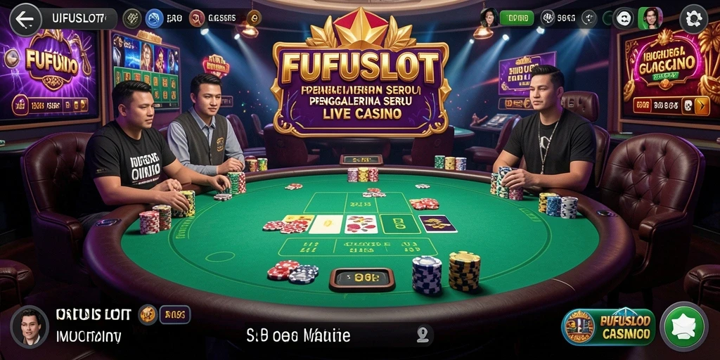 Screenshot gameplay FUFUSLOT menampilkan dealer langsung dan suasana kasino yang nyata.