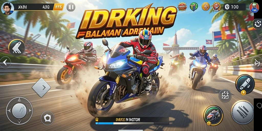 Tampilan menarik dari gameplay balapan motor IDRKING yang mendebarkan.