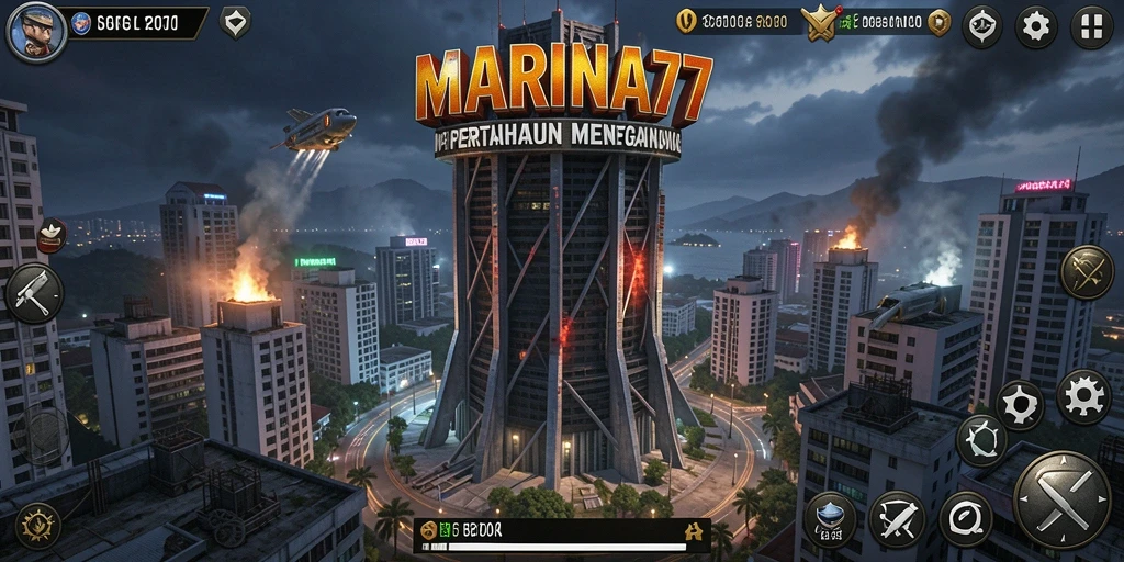 Tampilan gameplay menegangkan di MARINA77 dengan aksi Tower Defense yang seru.