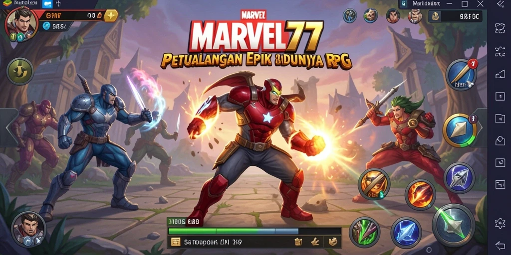 Screenshot gameplay MARVEL77 menampilkan pertarungan epik antara karakter superhero.