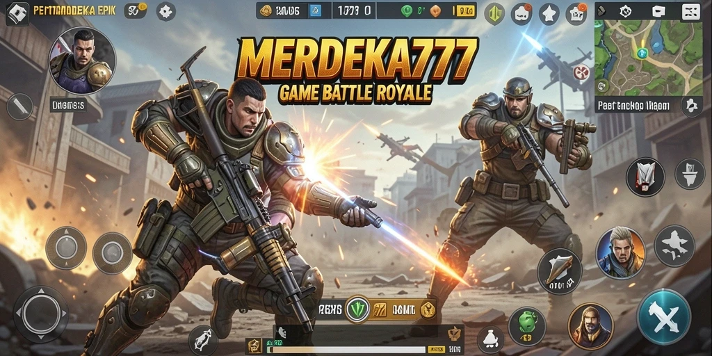 Tangkapan layar gameplay MERDEKA777 memperlihatkan pertempuran seru di arena Battle Royale.