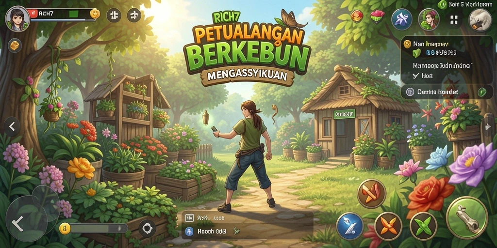 Tampilan gameplay <strong>RICH7</strong> dengan aktivitas bertani yang padat dan penuh warna.