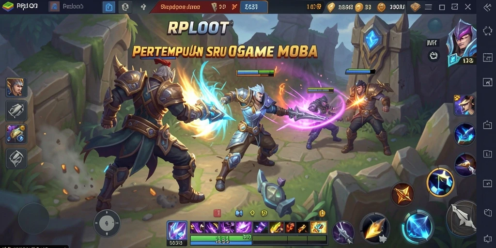 Screenshot gameplay RPLOOT yang menunjukkan aksi pertempuran MOBA yang intens.