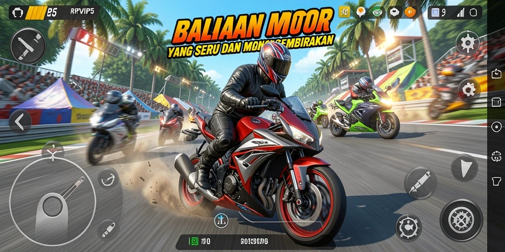 Screenshot gameplay RPVIP5 menampilkan balapan motor yang mendebarkan.