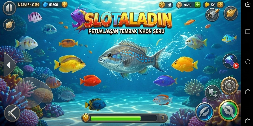 Tampilan gameplay SLOTALADIN yang menarik dengan aksi tembak ikan.