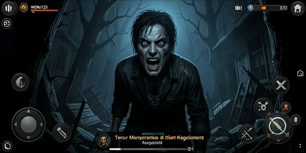 Tangkapan layar menampilkan suasana mencekam dalam gameplay WISNU123.